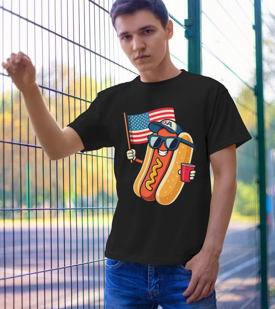 Fourth Of July USA Hotdog With American Flag And Sunglasses T-Shirt