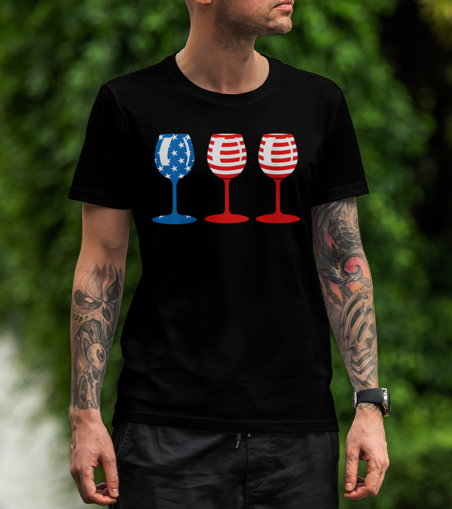 American Flag Fourth Of July Wine Glass Trio Stars And Stripes Patriotic T-Shirt