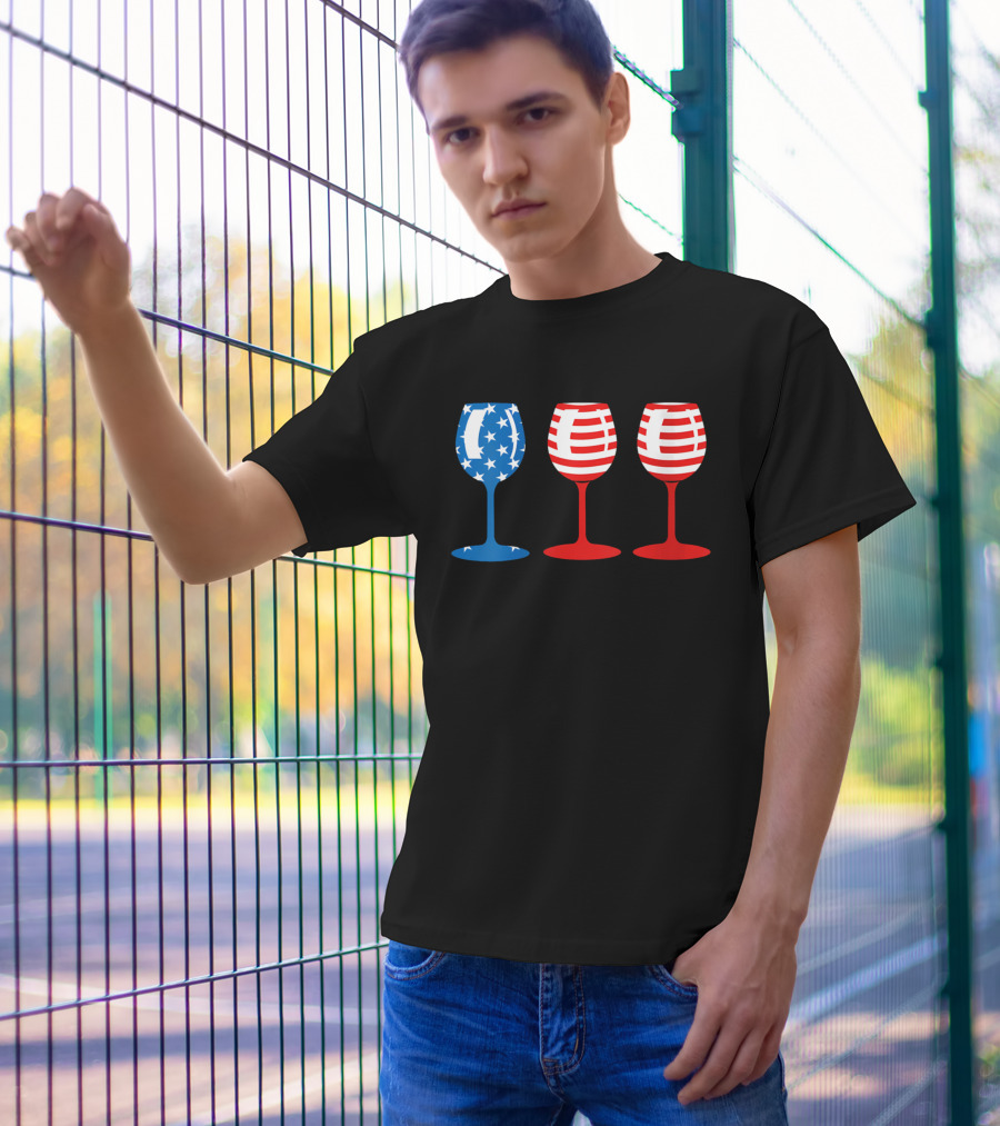 American Flag Fourth Of July Wine Glass Trio Stars And Stripes Patriotic T-Shirt
