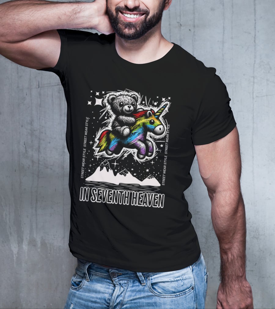 STREET WEAR STYLE Teddy And Rainbow Unicorn Adventure In Seventh Heaven T-Shirt