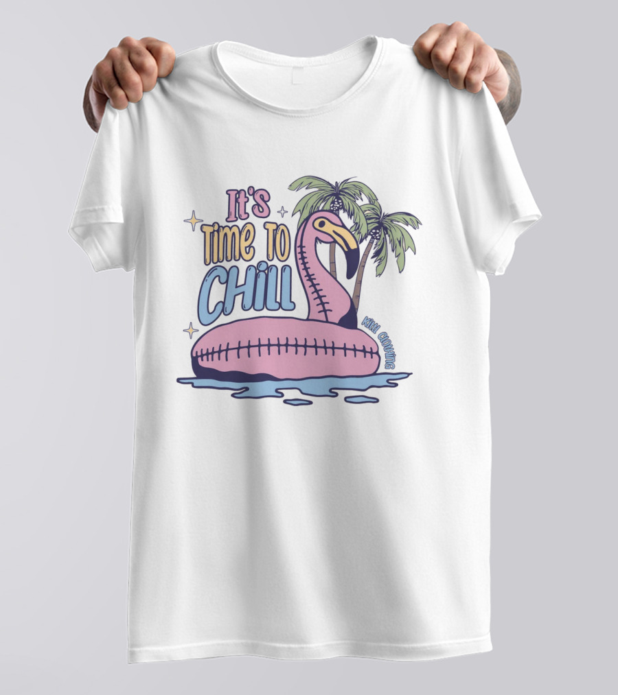 It's Time To Chill Flamingo Palm Trees Ocean Keith Owings T-Shirt