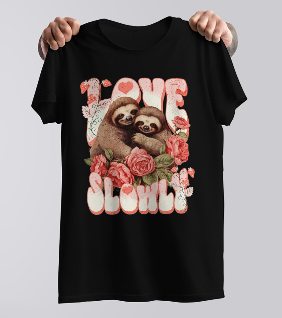Love Slowly Sloth Couple Romance Valentine Heart Roses T-Shirt