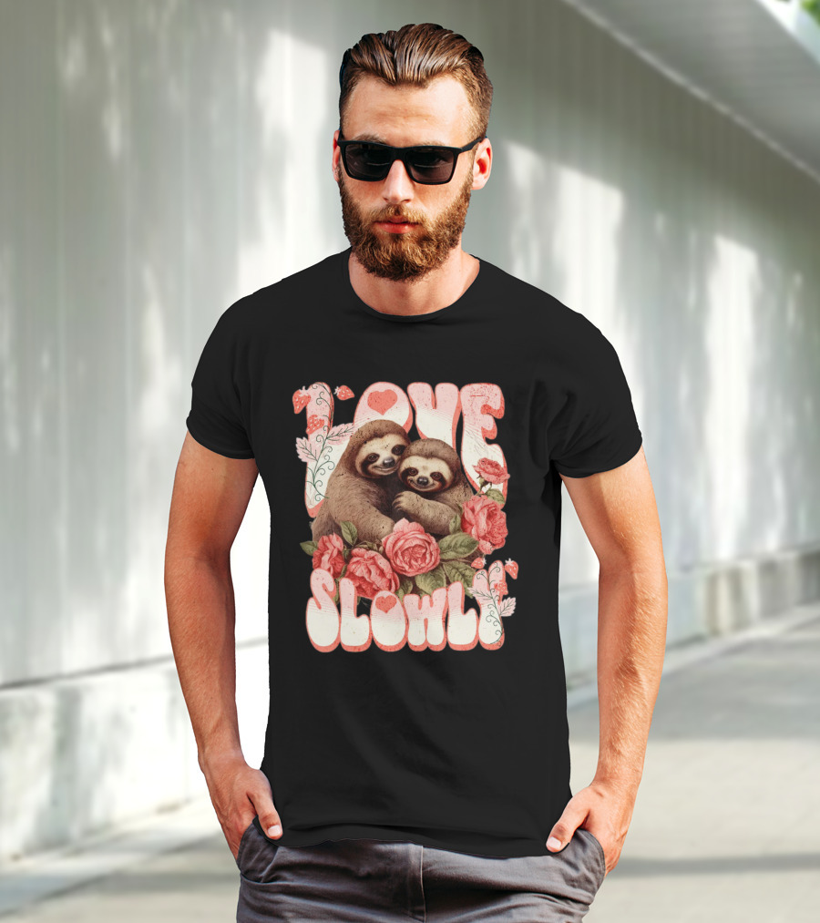 Love Slowly Sloth Couple Romance Valentine Heart Roses T-Shirt