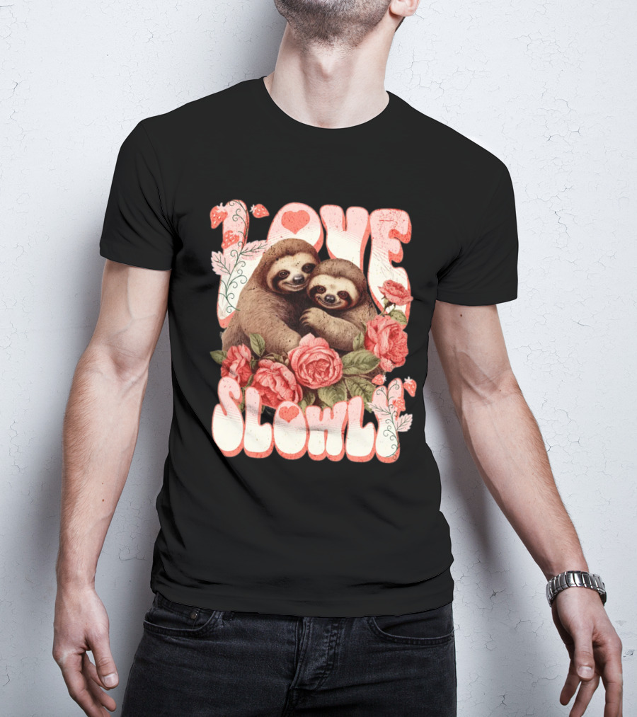 Love Slowly Sloth Couple Romance Valentine Heart Roses T-Shirt