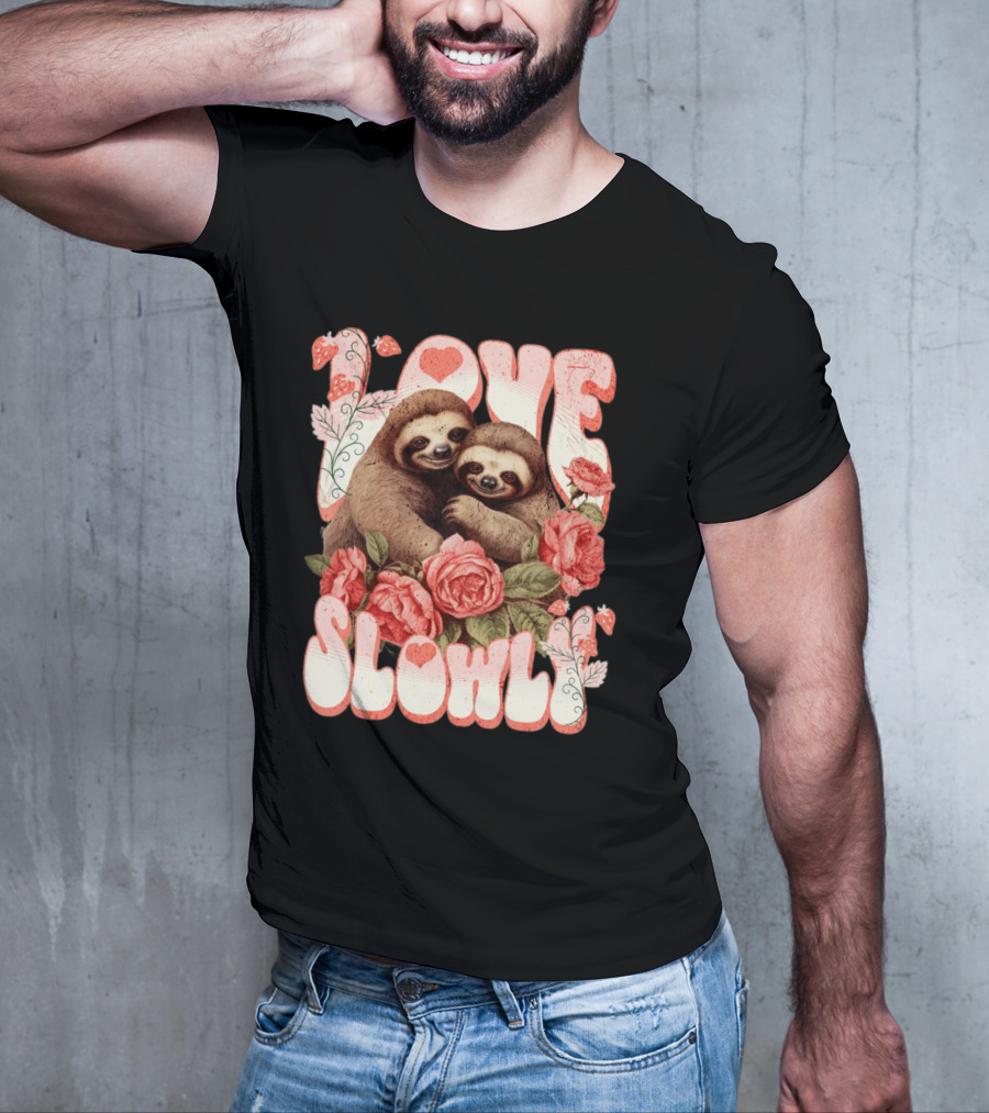 Love Slowly Sloth Couple Romance Valentine Heart Roses T-Shirt