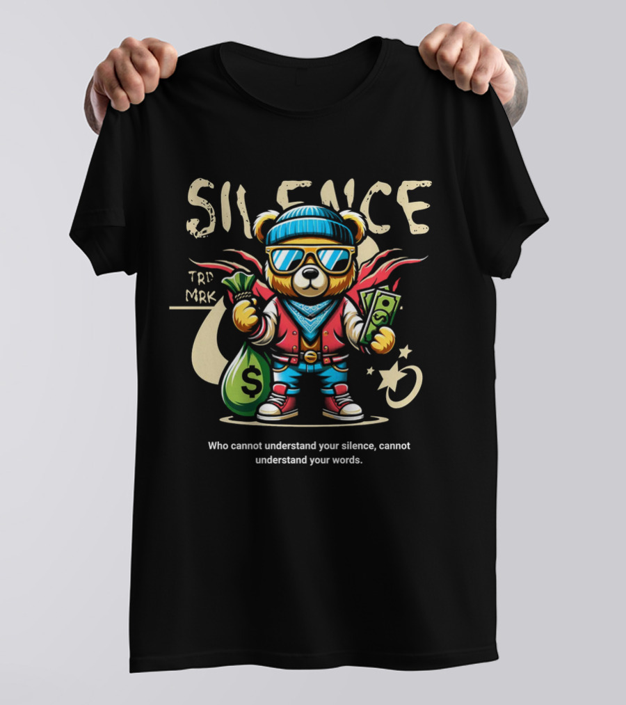 SILENCE Bear In Shades With Money Bags TRD MRK T-Shirt