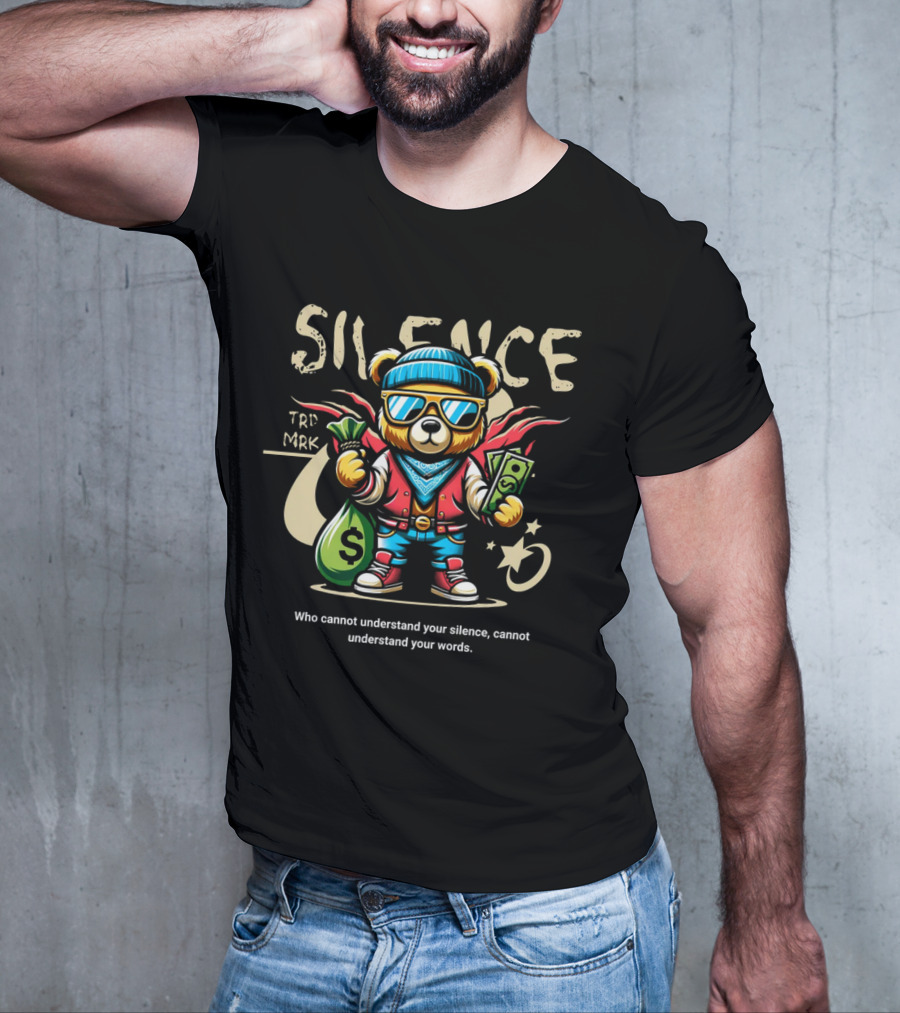 SILENCE Bear In Shades With Money Bags TRD MRK T-Shirt