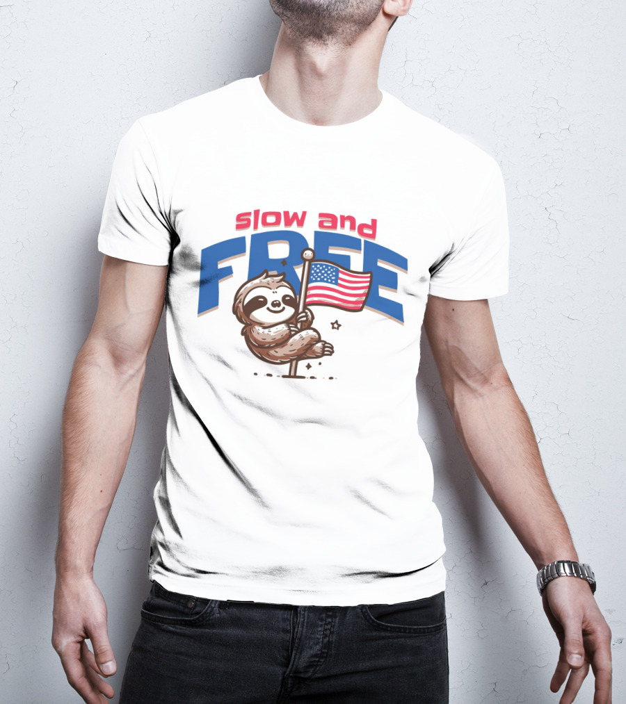 Slow And Free Sloth With American Flag T-Shirt