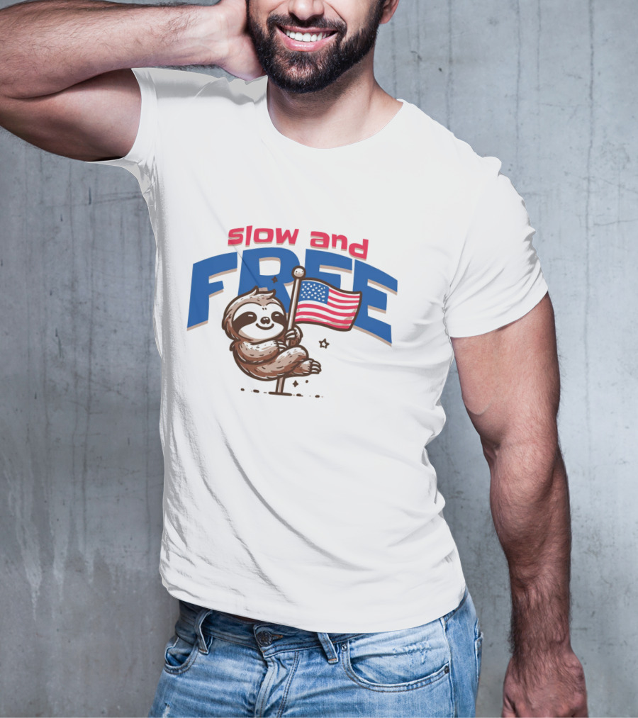 Slow And Free Sloth With American Flag T-Shirt