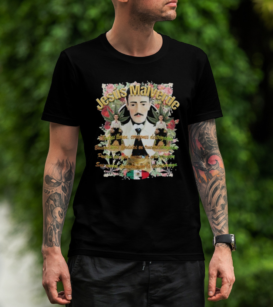 Jesús Malverde Iconic Figure With Flowers And Mexican Flag T-Shirt