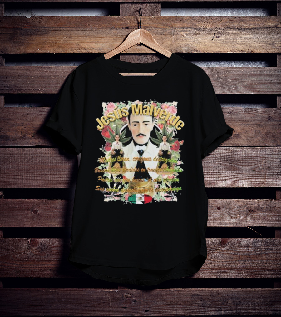 Jesús Malverde Iconic Figure With Flowers And Mexican Flag T-Shirt