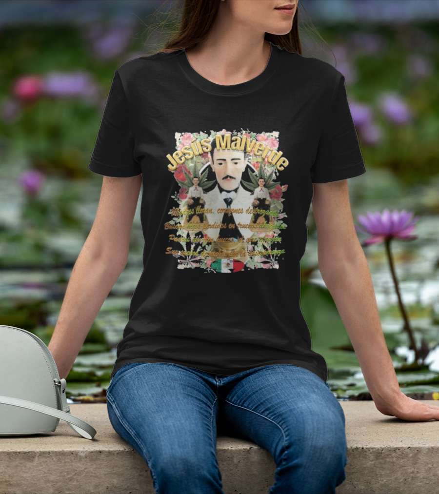 Jesús Malverde Iconic Figure With Flowers And Mexican Flag T-Shirt