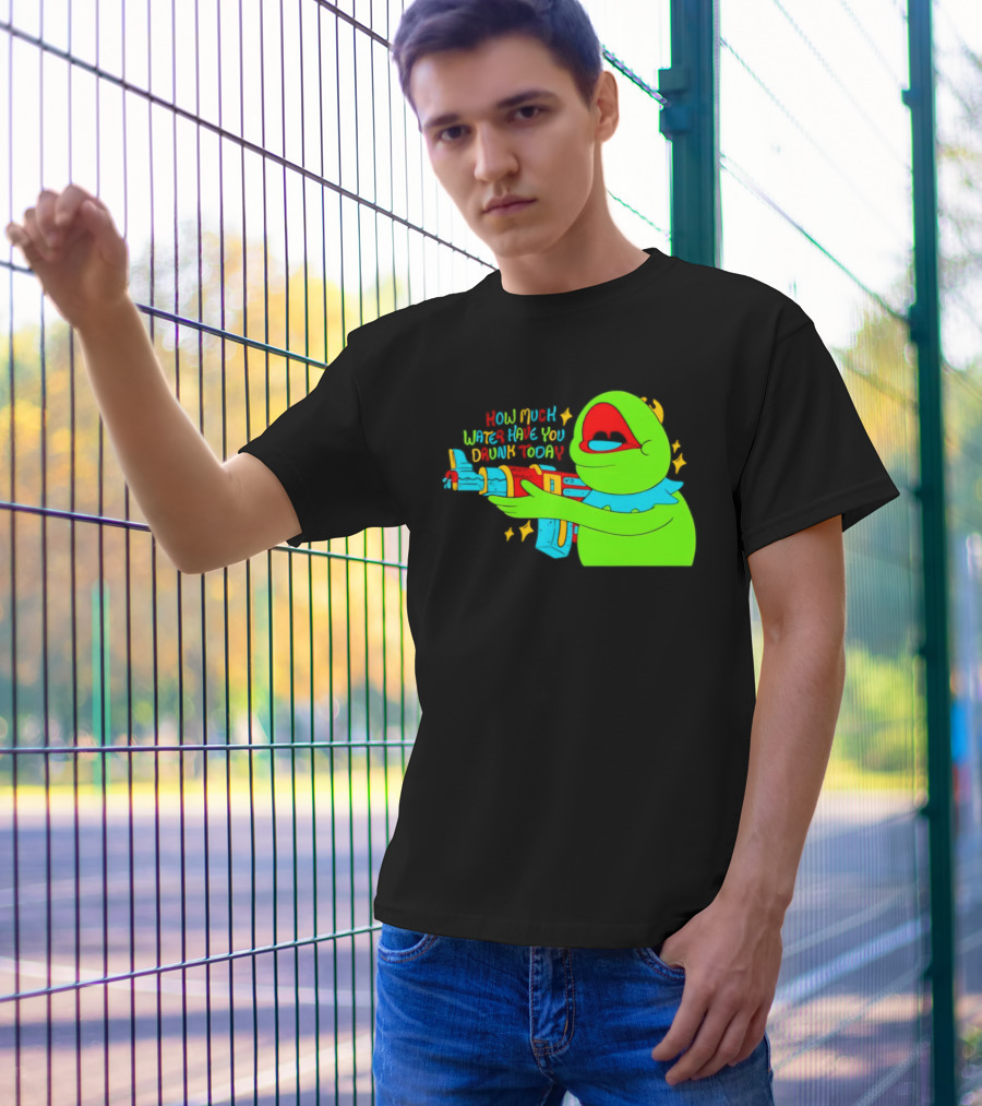 Kermit How Much Water Have You Drunk Today Gun Drawing T-Shirt