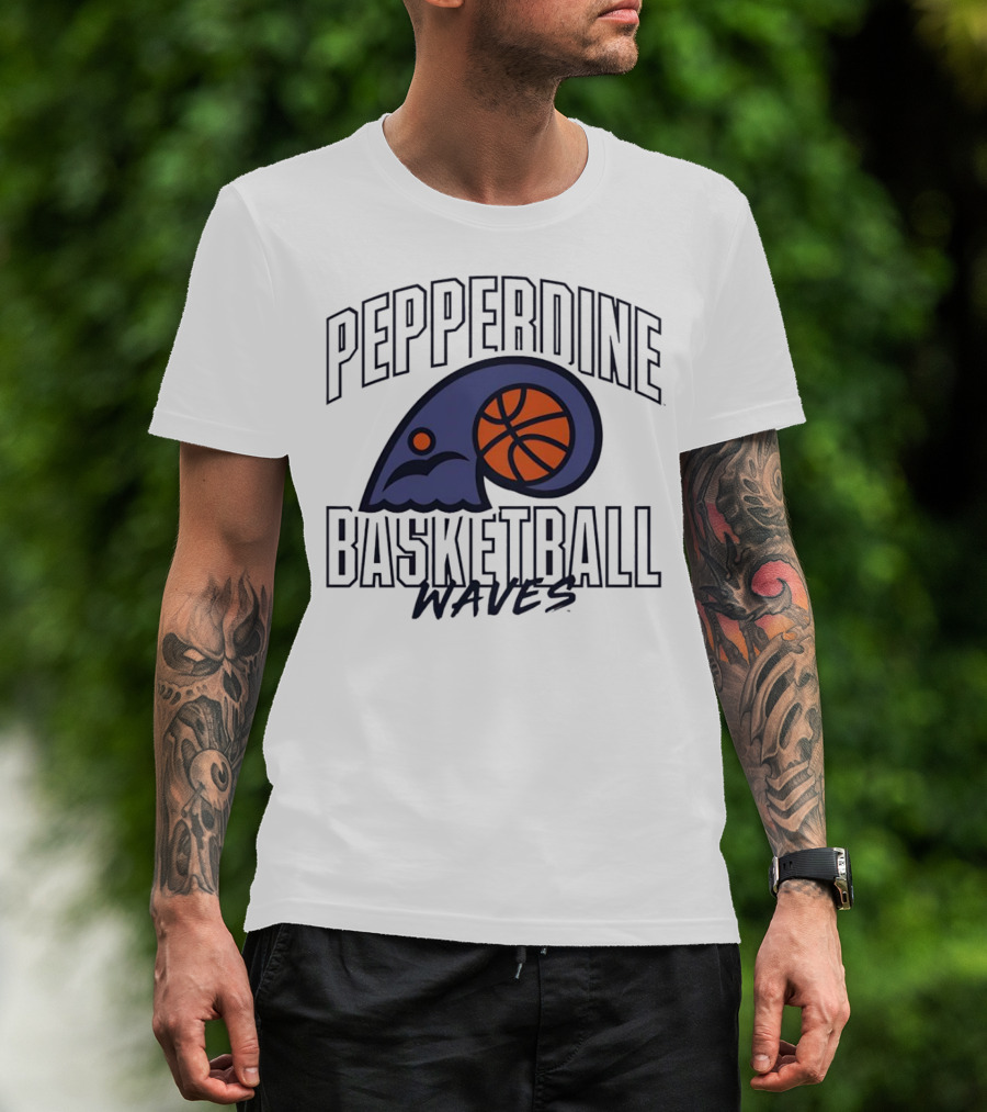 Pepperdine Waves Basketball Logo With Orange Basketball And Wave T-Shirt