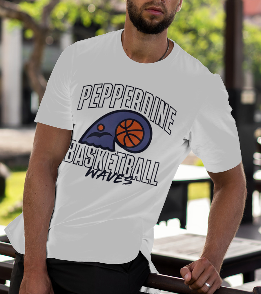 Pepperdine Waves Basketball Logo With Orange Basketball And Wave T-Shirt