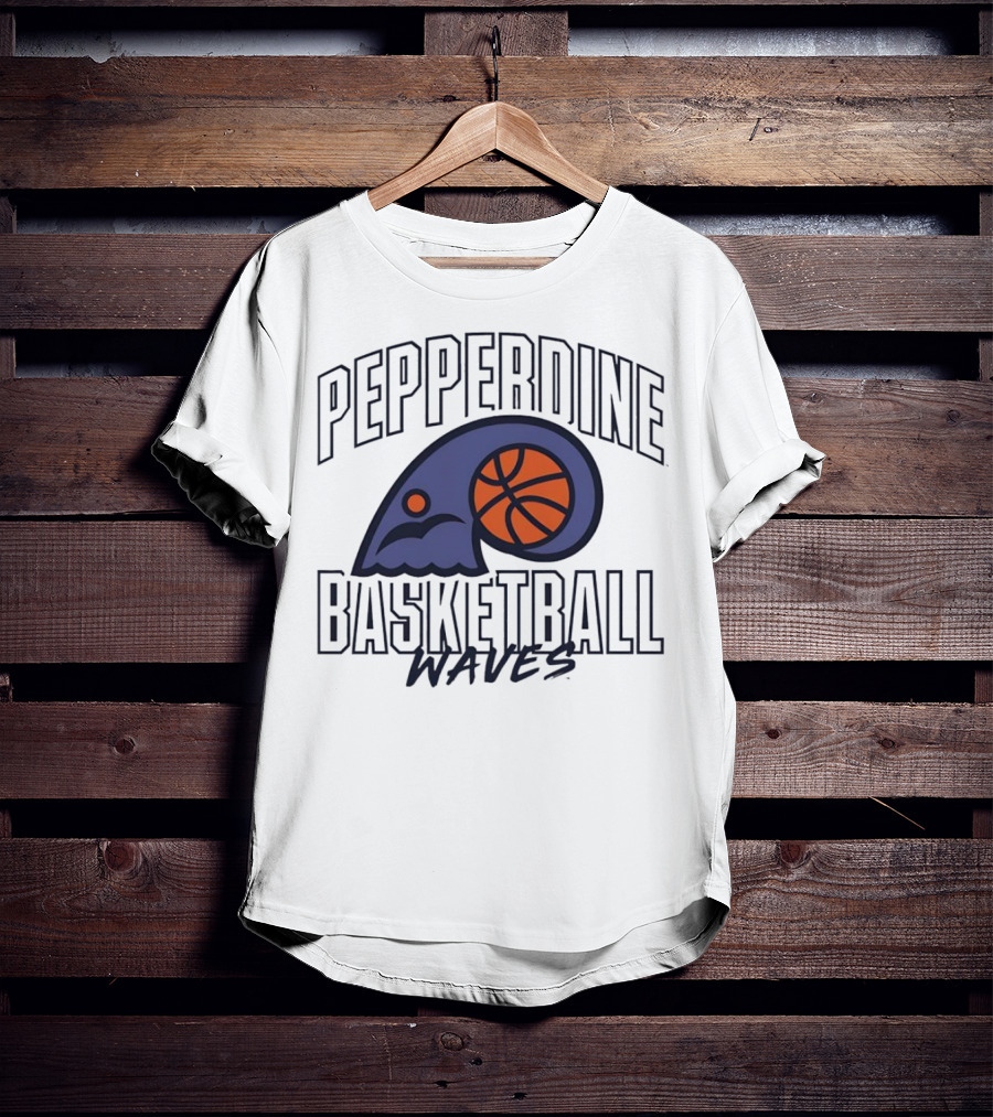Pepperdine Waves Basketball Logo With Orange Basketball And Wave T-Shirt