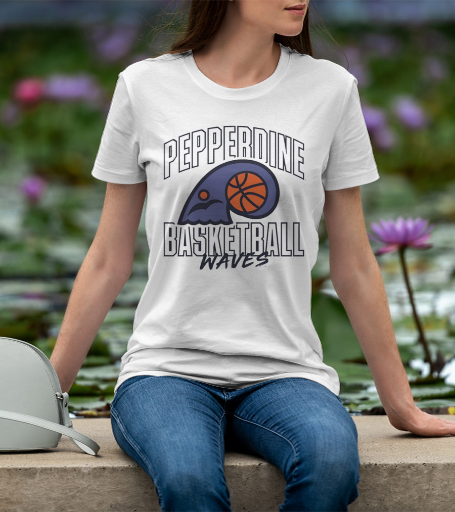Pepperdine Waves Basketball Logo With Orange Basketball And Wave T-Shirt