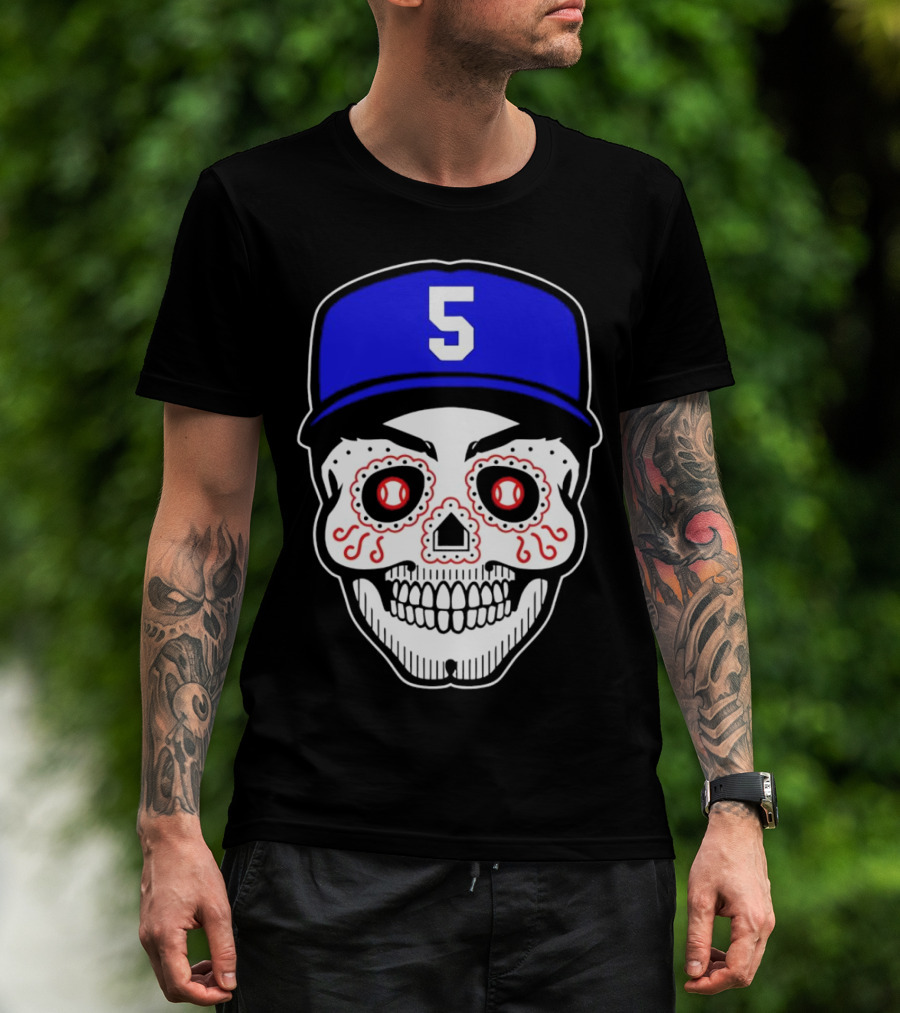 Freddie Freeman Sugar Skull Design Los Angeles Dodgers Number 5 Baseball Cap T-Shirt