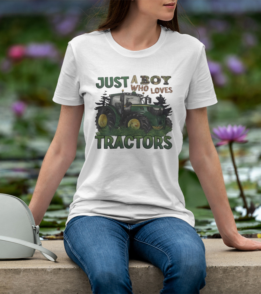 Just A Boy Who Loves Tractors With Green Farm Tractor Image T-Shirt