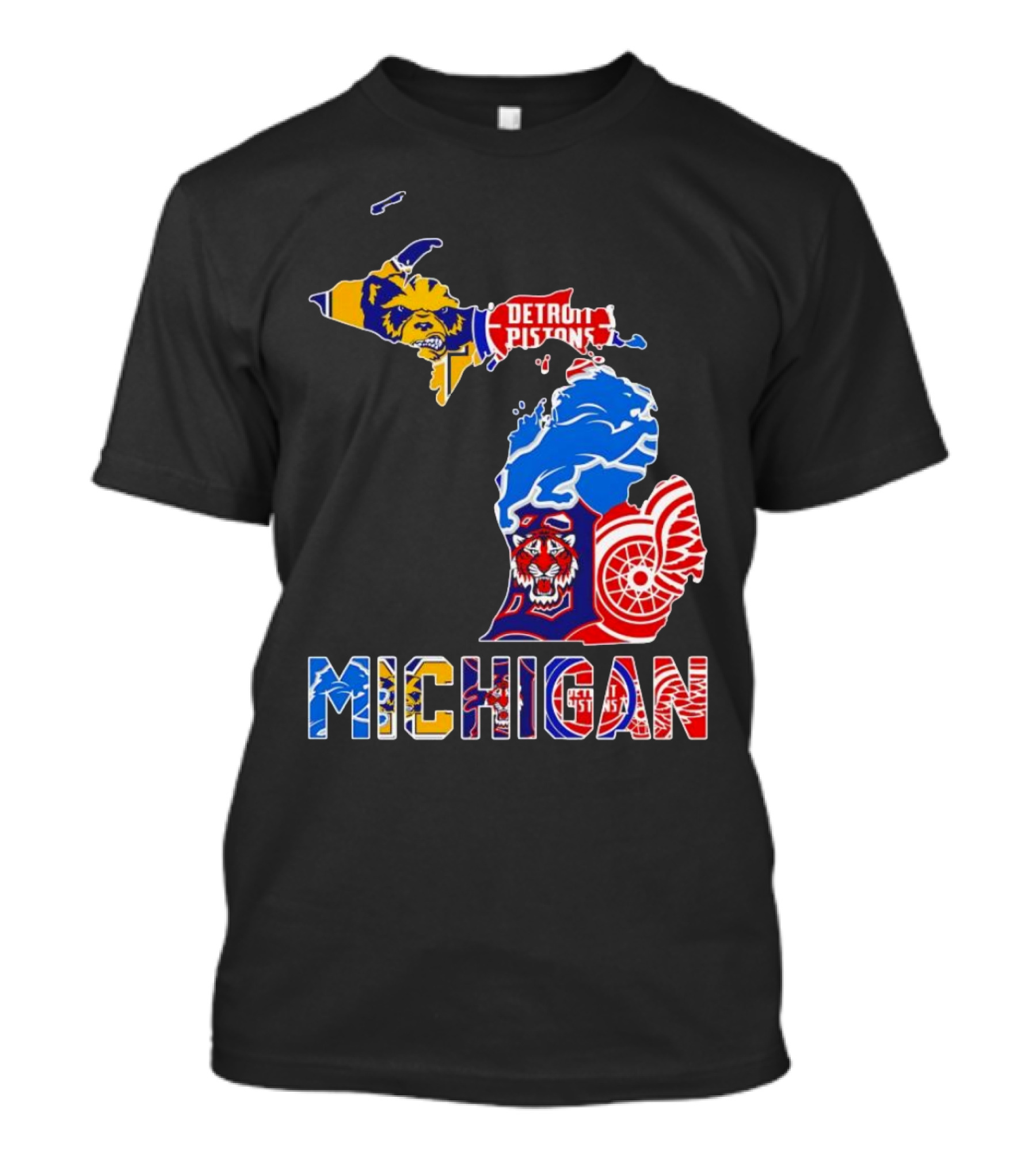 Michigan Sports Teams Logos Map Detroit Pistons Lions Tigers Red Wings T-Shirt