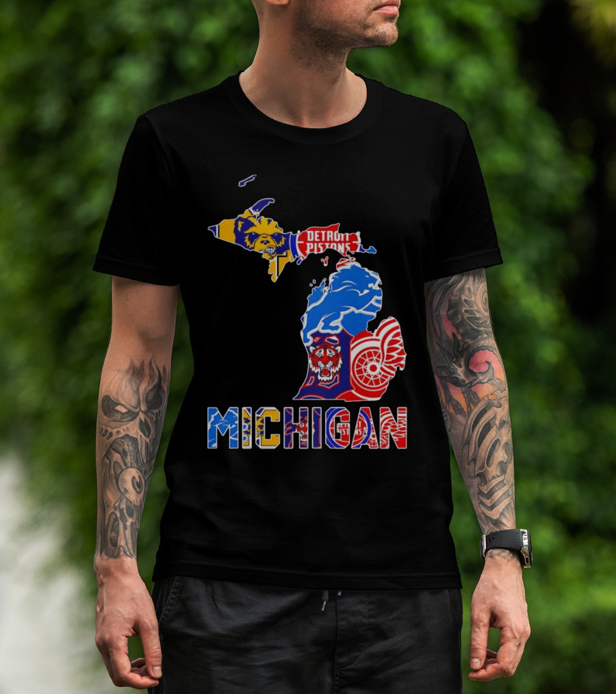 Michigan Sports Teams Logos Map Detroit Pistons Lions Tigers Red Wings T-Shirt