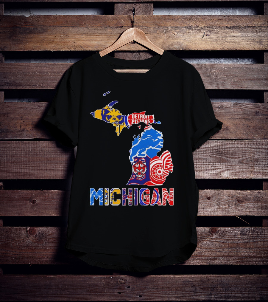 Michigan Sports Teams Logos Map Detroit Pistons Lions Tigers Red Wings T-Shirt