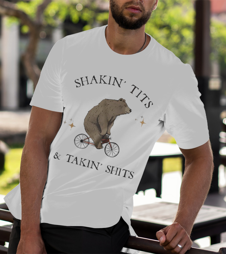 Shakin' Tits Bear Riding Bicycle And Takin' Shits With Stars T-Shirt