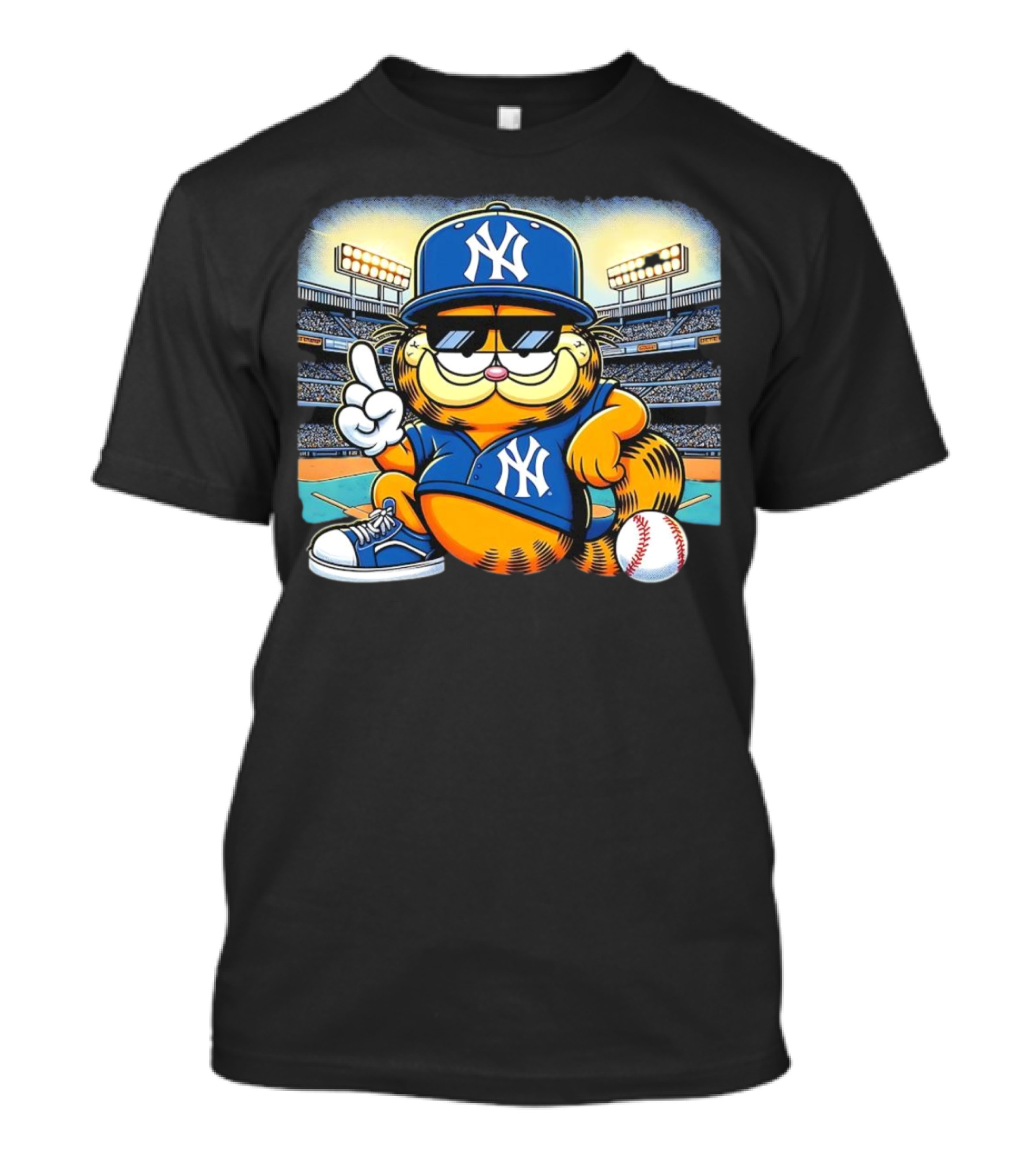 New York Yankees Baseball Garfield Cartoon Stadium Scene T-Shirt