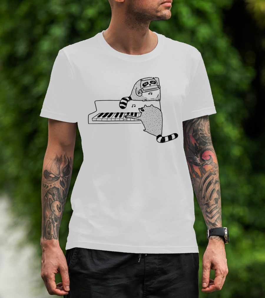Racoon Playing Piano Nocturnal Musicians With Harmonica Duo T-Shirt