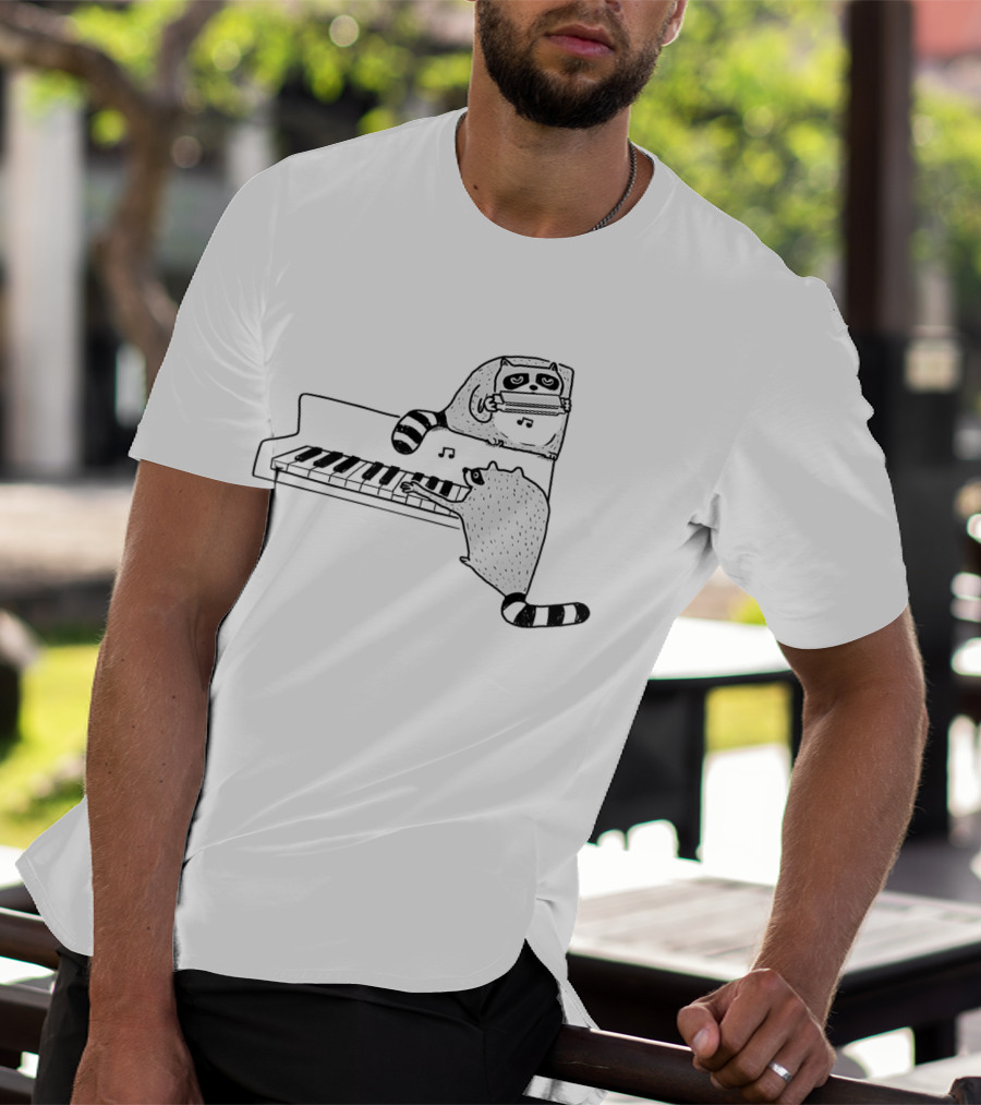 Racoon Playing Piano Nocturnal Musicians With Harmonica Duo T-Shirt