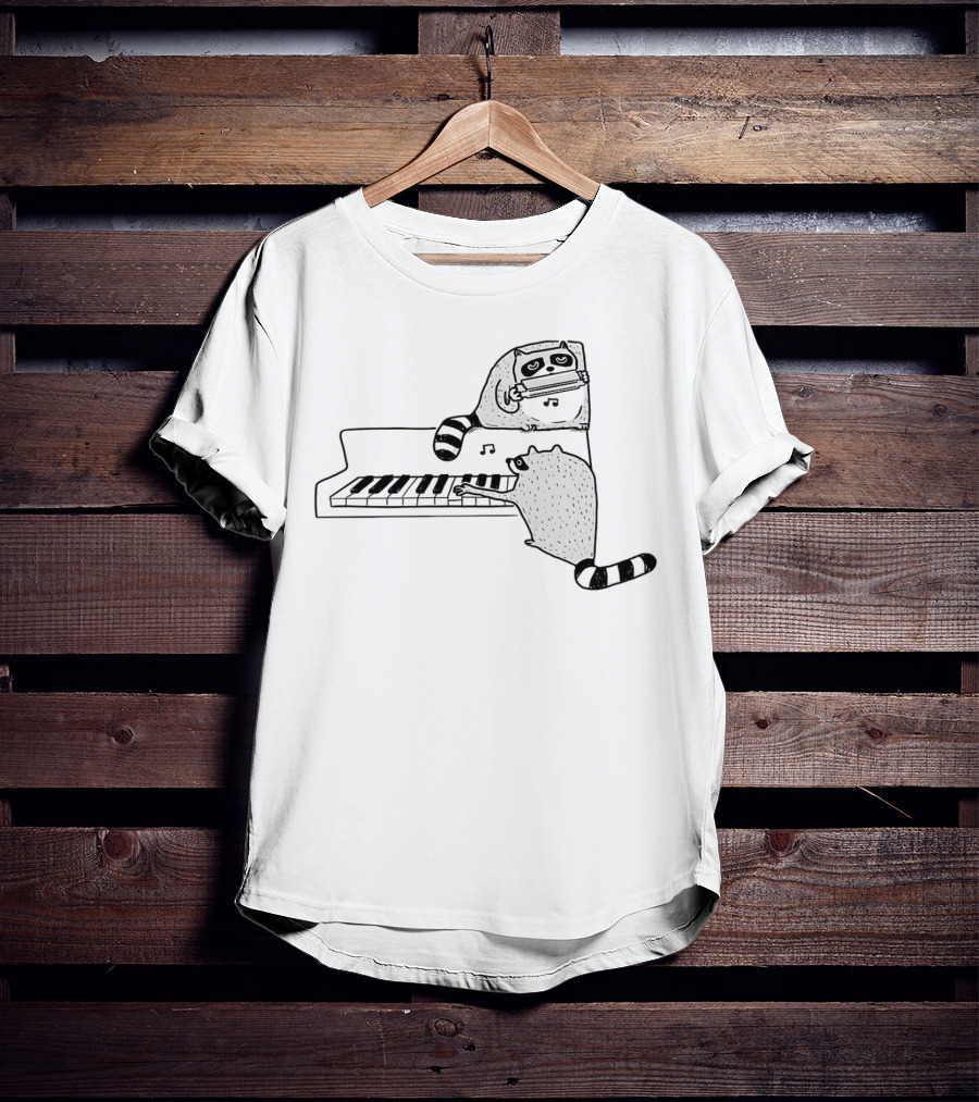 Racoon Playing Piano Nocturnal Musicians With Harmonica Duo T-Shirt