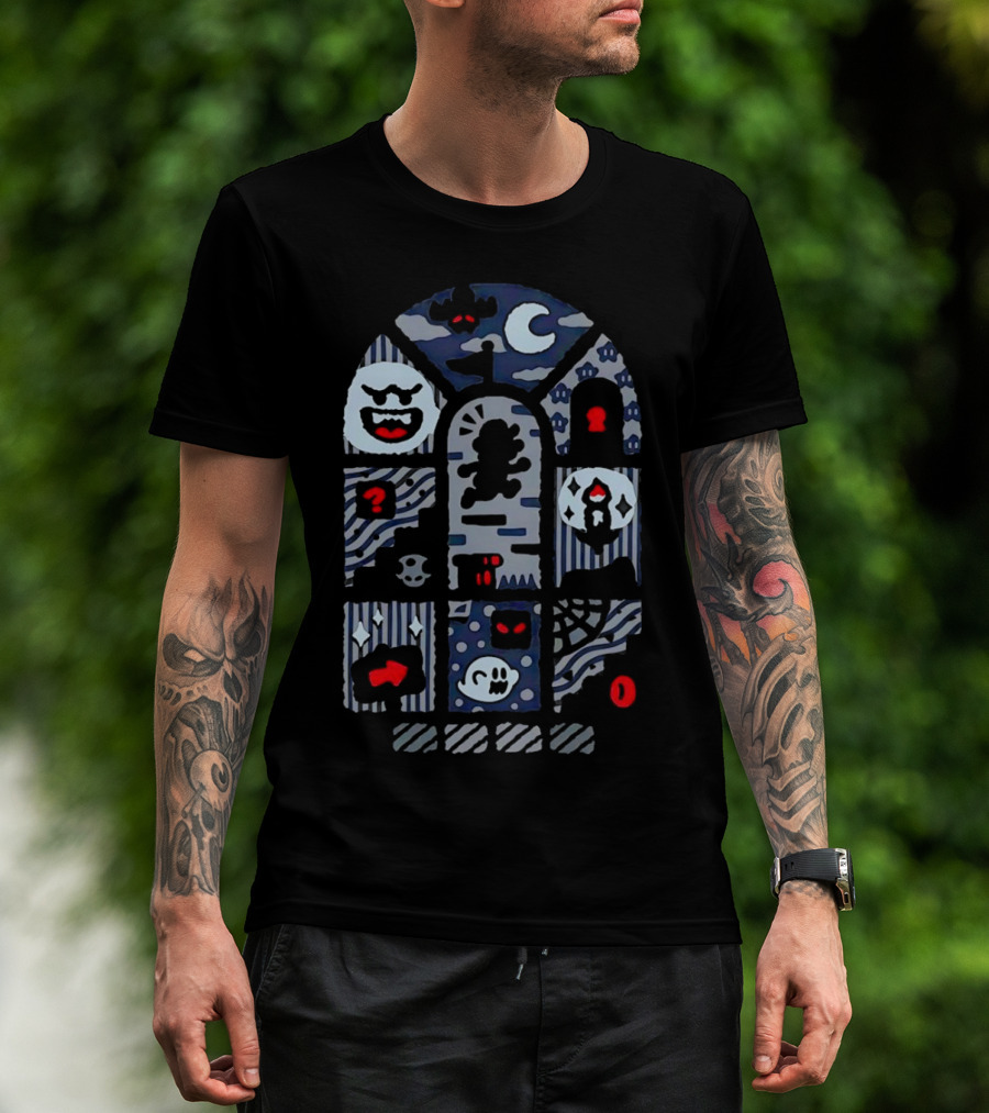 Super Mario World Ghost House Scene Elements Featuring Boo, Skull, And Keyhole T-Shirt