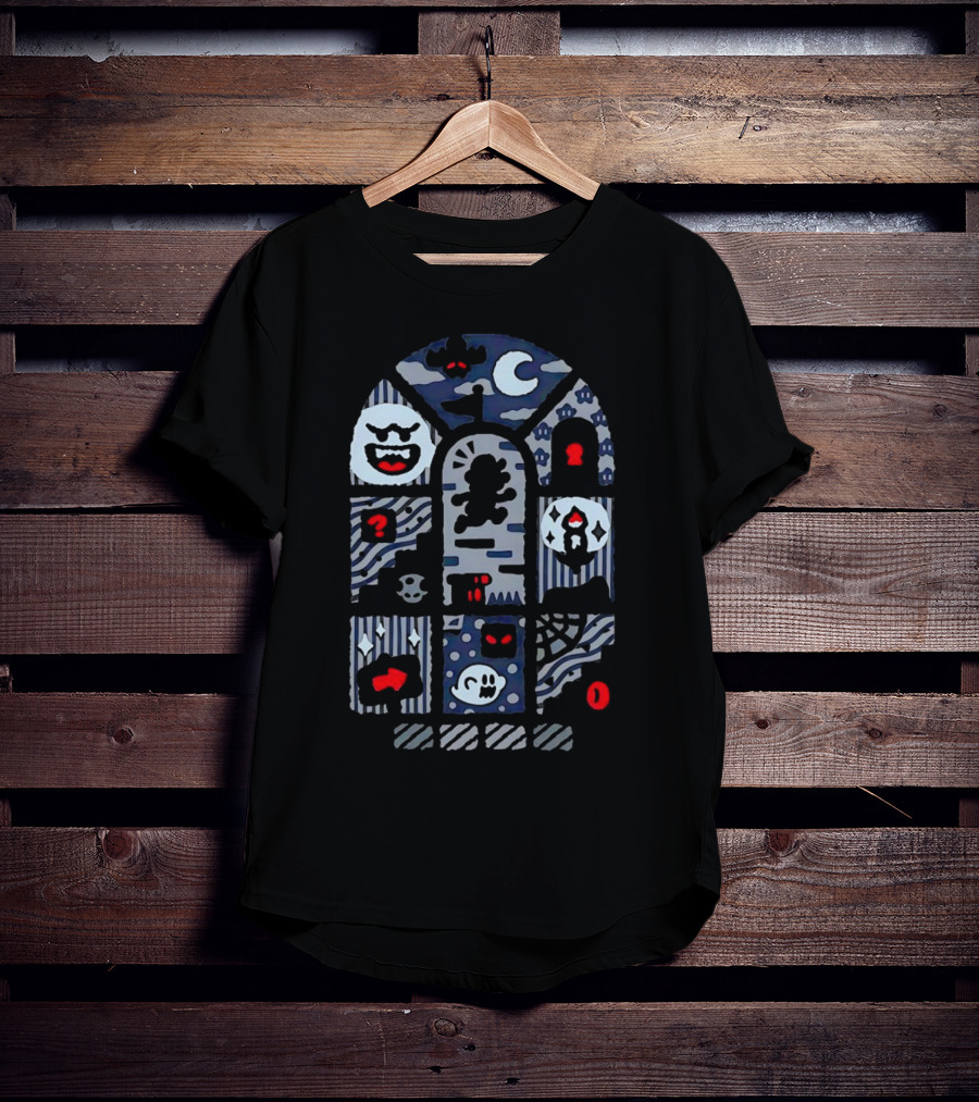 Super Mario World Ghost House Scene Elements Featuring Boo, Skull, And Keyhole T-Shirt