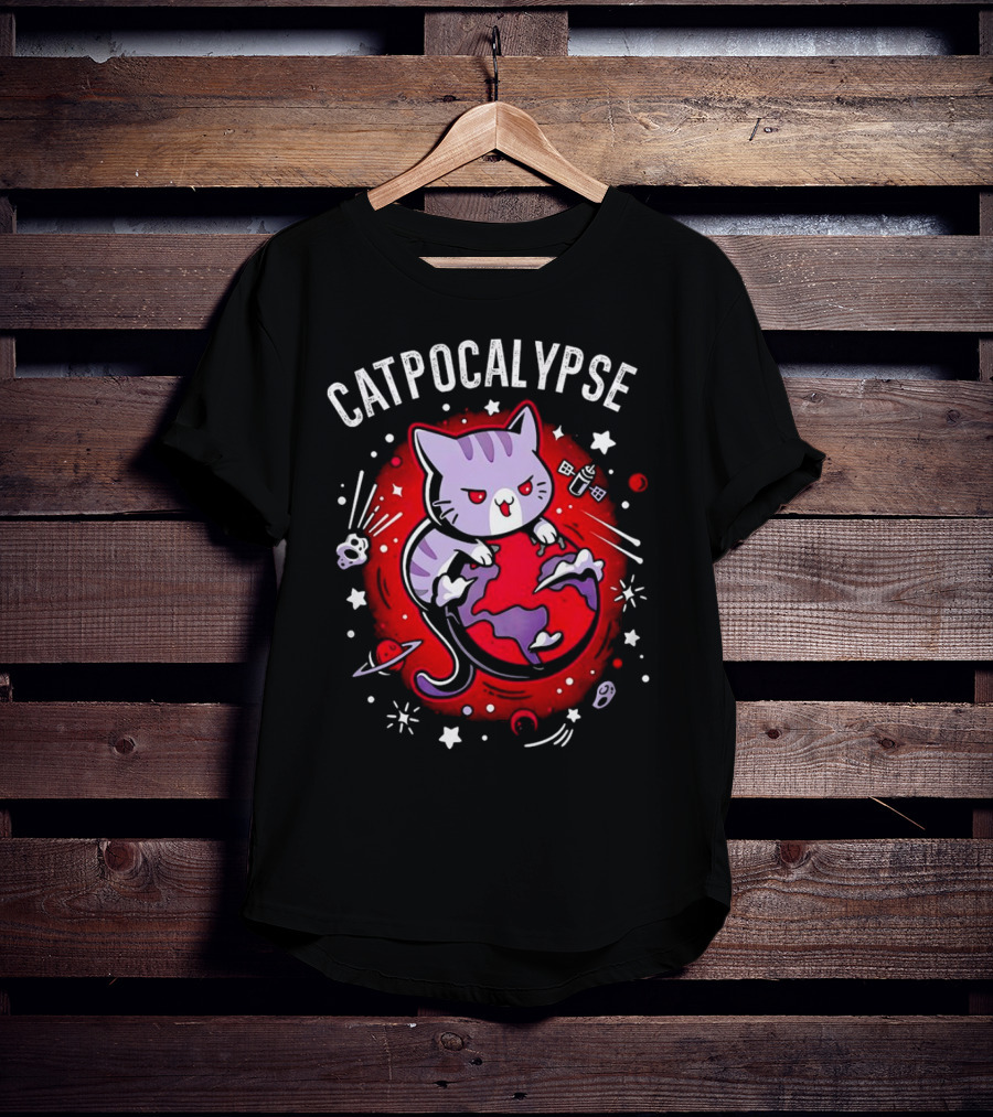 Catpocalypse Cat Battling Earth Amidst Cosmic Chaos T-Shirt