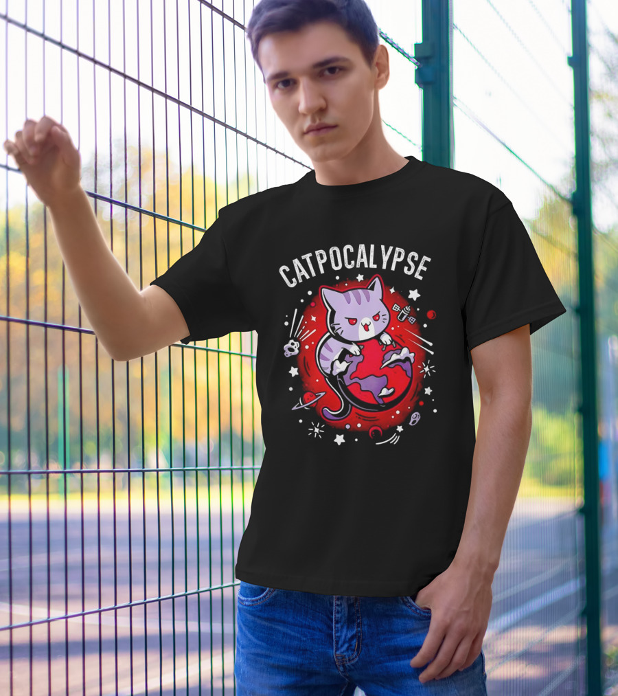 Catpocalypse Cat Battling Earth Amidst Cosmic Chaos T-Shirt