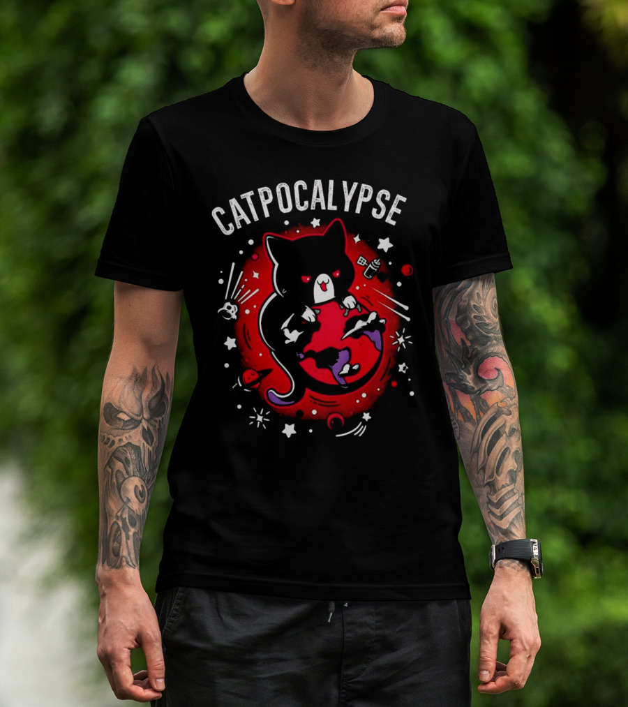 Catpocalypse Red Cat Holding Earth Surrounded By Space Elements T-Shirt