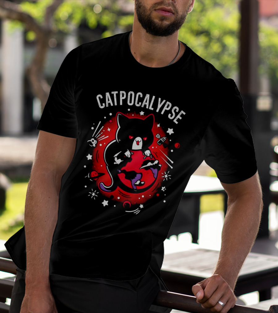 Catpocalypse Red Cat Holding Earth Surrounded By Space Elements T-Shirt