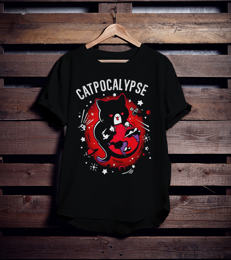 Catpocalypse Red Cat Holding Earth Surrounded By Space Elements T-Shirt