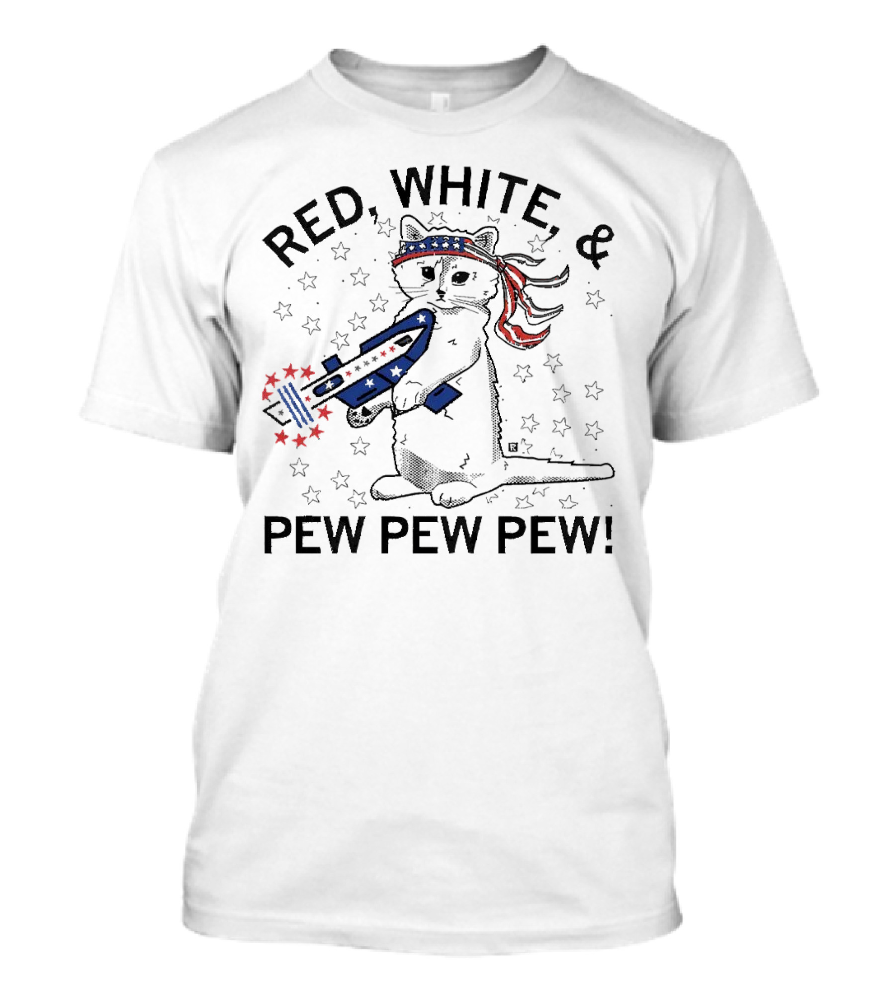 Red White And Pew Pew Pew Cat With Stars And Stripes Headband And Laser Gun T-Shirt