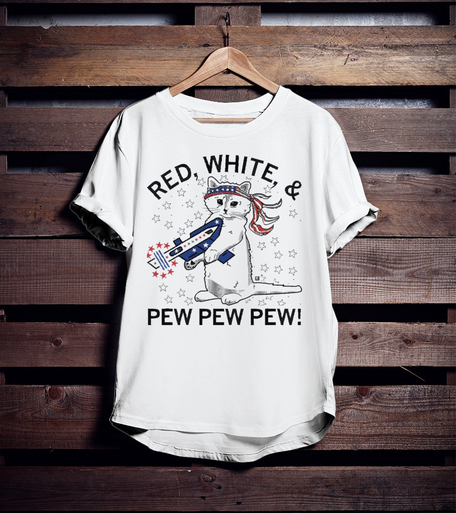 Red White And Pew Pew Pew Cat With Stars And Stripes Headband And Laser Gun T-Shirt