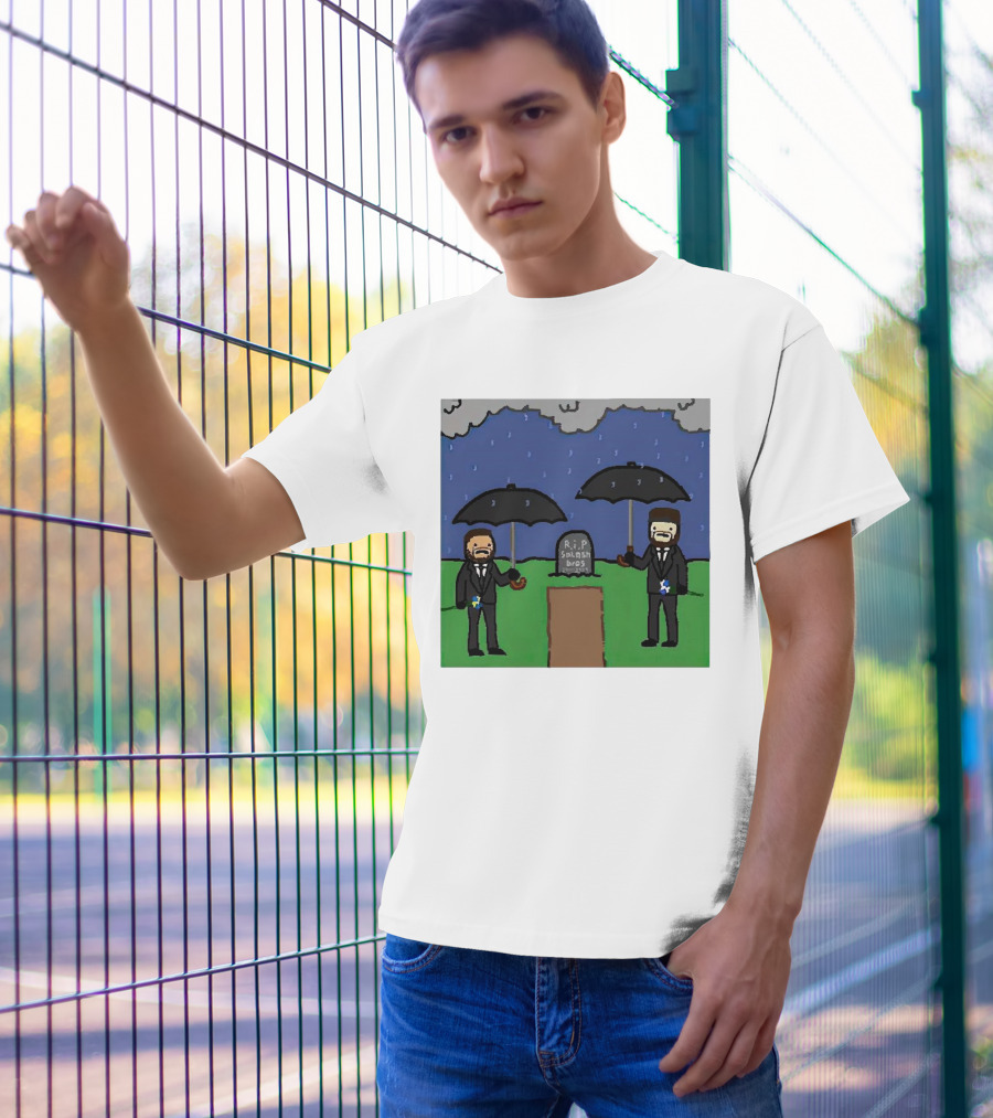 RIP SplashBros Cartoon Memorial With Suited Figures Holding Black Umbrellas T-Shirt