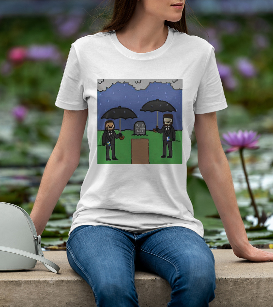 RIP SplashBros Cartoon Memorial With Suited Figures Holding Black Umbrellas T-Shirt