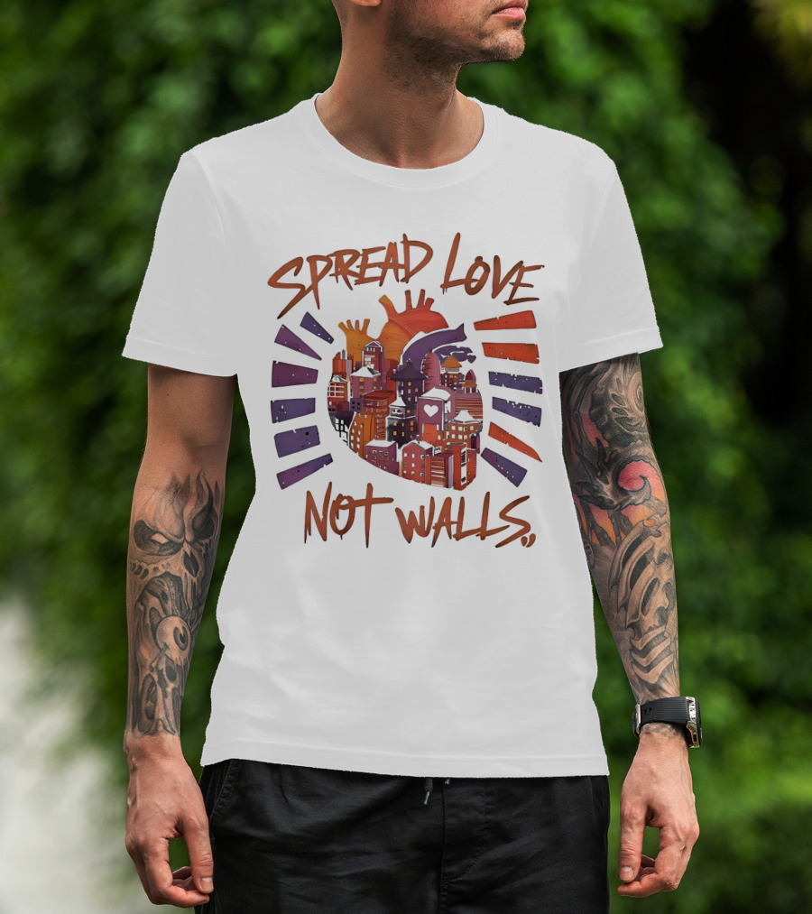 Spread Love Not Walls Cityscape Heart Crown Sunset T-Shirt