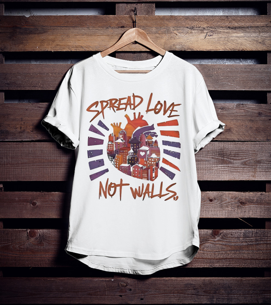 Spread Love Not Walls Cityscape Heart Crown Sunset T-Shirt
