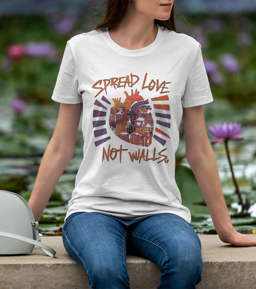 Spread Love Not Walls Cityscape Heart Crown Sunset T-Shirt