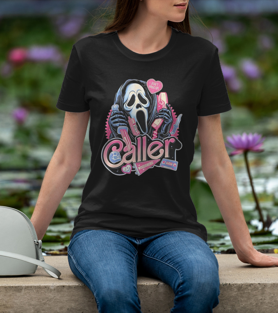 Caller Ghostface Woodsboro Don't Hang Up Pink Telephone Knife T-Shirt