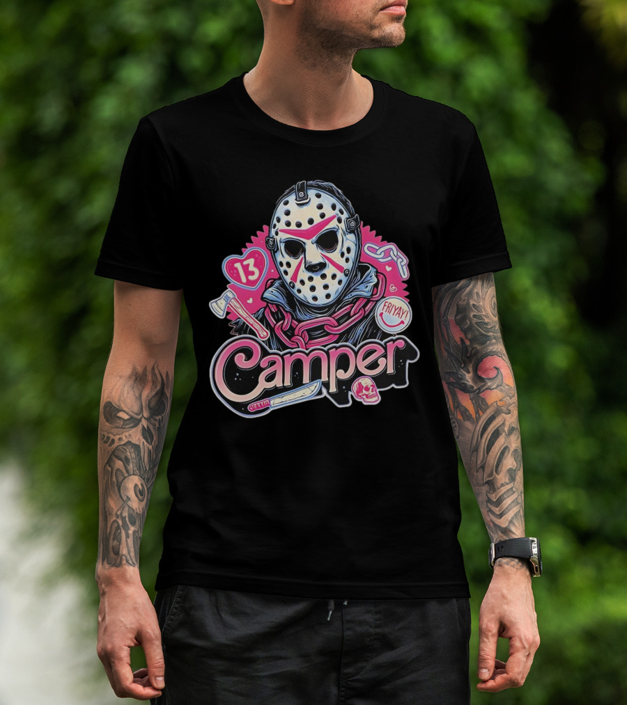 Camper 13 Jason Voorhees Mask And Chains With Ax And Knife Friyay Hearts T-Shirt