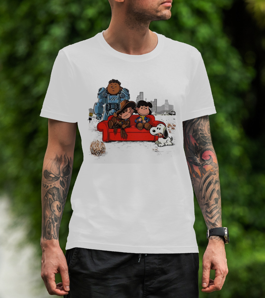 Peanuts Fallout Characters Crossover On Red Couch In Post-Apocalyptic City Scene T-Shirt