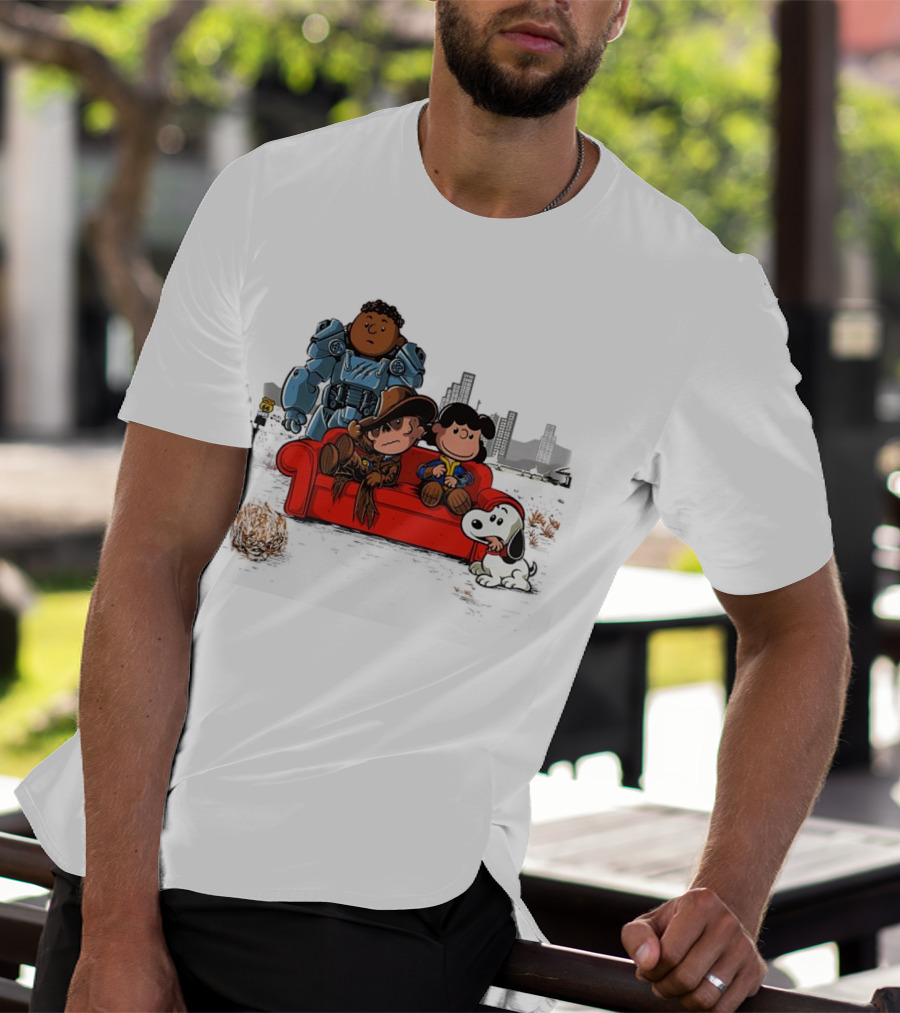 Peanuts Fallout Characters Crossover On Red Couch In Post-Apocalyptic City Scene T-Shirt