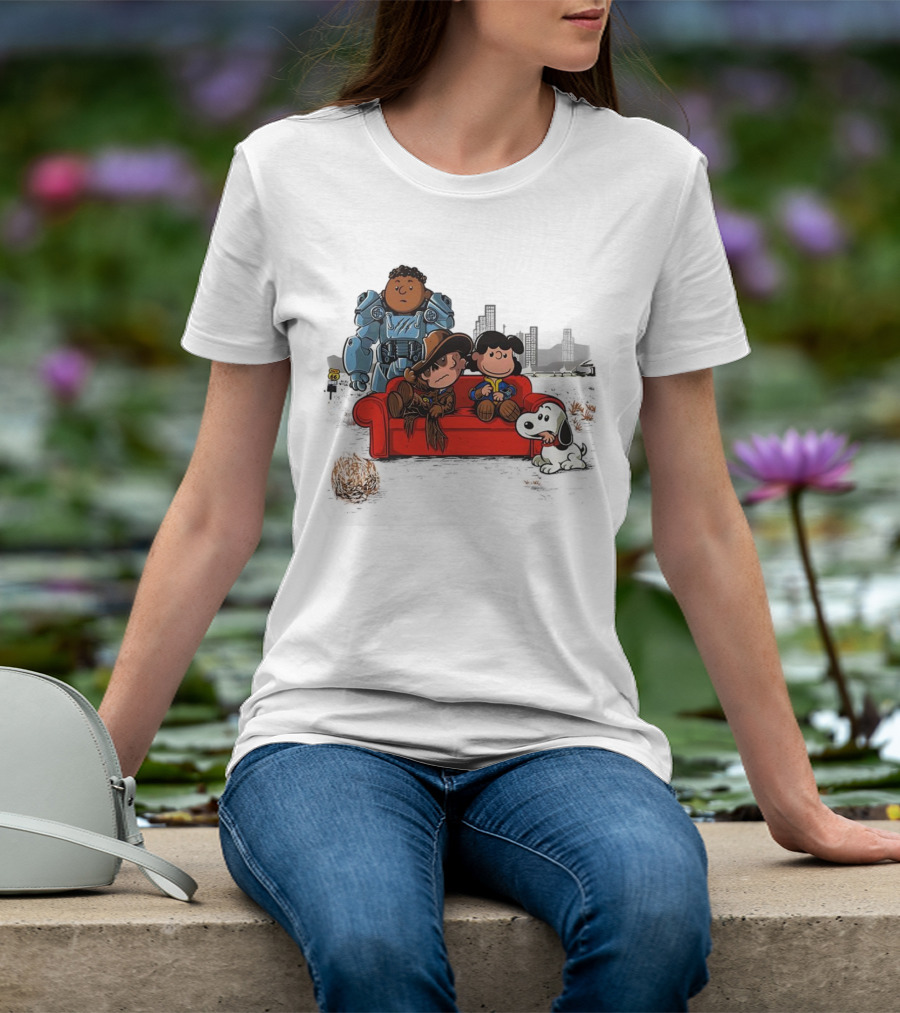 Peanuts Fallout Characters Crossover On Red Couch In Post-Apocalyptic City Scene T-Shirt